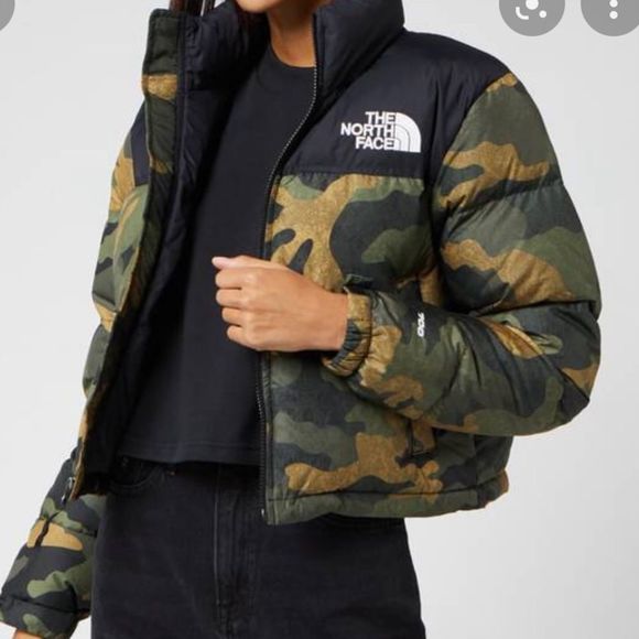 The North Face Jackets & Blazers - North Face Women Nuptse Crop Jacket-Color-BURNT OLIVE GREEN WAXED CAMO